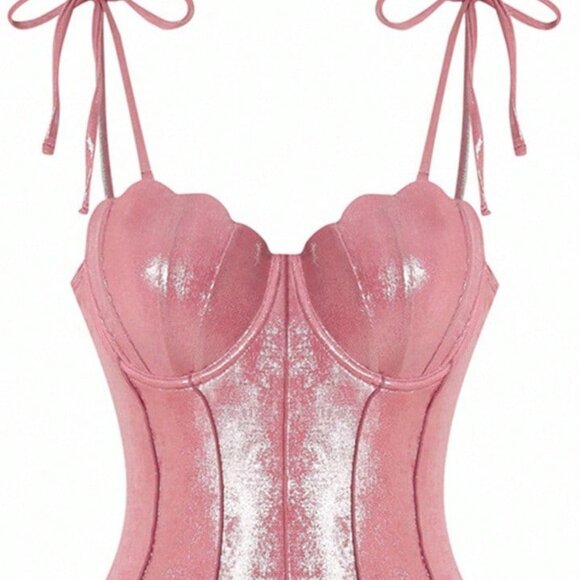 Pink High-End Sexy Women's Shiny Shell Push-Up One-Piece swimsuit w/ coverup - Picture 6 of 10